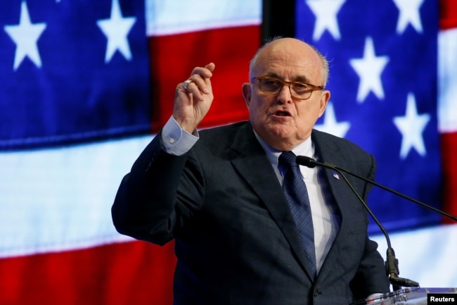 FILE - Rudy Giuliani speaks at the 2018 Iran Freedom Convention in Washington, May 5, 2018.