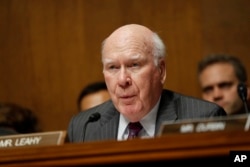 FILE: Senate Judiciary Committee member Sen. Patrick Leahy, D-Vt., speaks on Capitol Hill in Washington, Wednesday, July 12, 2017, during the committee's confirmation hearing for FBI Director nominee Christopher Wray. (AP Photo/Pablo Martinez Monsivais)