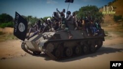 Screengrab from a Boko Haram video shows Boko Haram fighters parading on a tank in an unidentified town, Nov. 9, 2014.