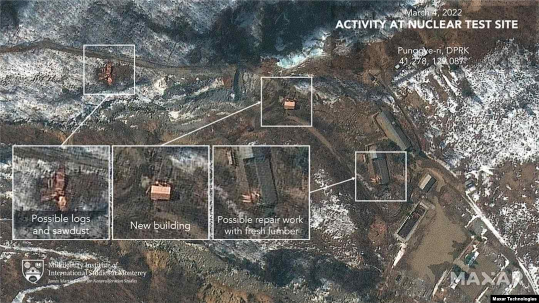 지난달 4일 위성촬영한 북한 풍계리 핵실험장. 신축 구조물과 목재로 추정되는 적재물이 보인다. (맥사 테크놀로지 제공)