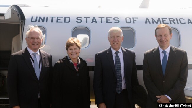 US senators Jeanne Shaheen, Thom Tilis and Chris Murphy at Belgrade airport with US ambassador in Serbia, Christopher Hill.