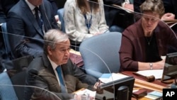 FILE - Antonio Guterres, Secretary-General of the United Nations, speaks during a meeting of the UN Security Council, April 5, 2022, as Ukrainian President Zelenskyy addresses the U.N. Security Council for the first time.