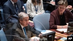 Katibu mkuu wa Umoja wa mataifa Antonio Guterres akizungumza wakati wa mkutano wa Baraza la usalama la Umoja wa mataifa juu ya mzozo wa Ukraine, April 5, 2022. Picha ya AP