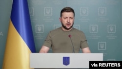 Ukrainian President Volodymr Zelenskiy speaks during his nightly address on April 18, 2022, in Kviv, saying that the "battle of Donbas" has begun. (Ukrainian Presidential Press Service via Reuters)