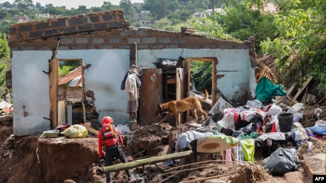 FILE - A member South African Police Services (SAPS) Search and Rescue Unit guide their sniffer dog during search efforts to locate ten people who are unaccounted for from area of KwaNdengezi township outside Durban on Apr. 15, 2022.