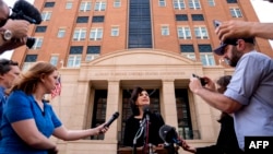 Diane Foley, the mother of James Foley, an American journalist slain by Islamic State militants, speaks to reporters outside the Albert V. Bryan Federal Courthouse in Alexandria, Virginia, April 14, 2022. 