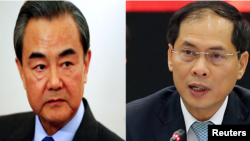 Ngoại trưởng Trung Quốc Vương Nghị và Ngoại trưởng Việt Nam Bùi Thanh Sơn. Ảnh ghép từ Reuters.