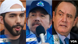 De izquierda a derecha: El presidente de El Salvador, Nayib Bukele; en medio el mandatario nicaragüense Daniel Ortega y a la derecha, el presidente guatemalteco Alejandro Giammattei. VOA.