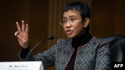 FILE - Maria Ressa, 2021 Nobel Peace Prize Laureate and co-founder of Rappler, testifies during a US Senate Foreign Relations Subcommittee on East Asia, the Pacific, and International Cybersecurity hearing in Washington, March 30, 2022.
