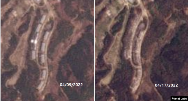 금강산 골프장 숙박단지를 촬영한 9일(왼쪽)과 17일 위성사진. 9일까지 온전했던 숙박단지의 중심건물과 건물 6개동이 17일 대부분 사라진 것으로 나타났다. 자료=Planet Labs