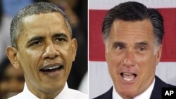 This photo combo shows President Barack Obama in Chapel Hill, N.C. on April 24, 2012, and Republican presidential candidate, former Massachusetts Gov. Mitt Romney on April 18, 2012 in Charlotte, N.C. 