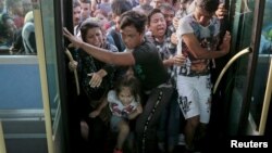 Refugees and migrants struggle to board a bus after their arrival from a passenger ship at the port of Piraeus near Athens, Greece, Sept. 7, 2015.