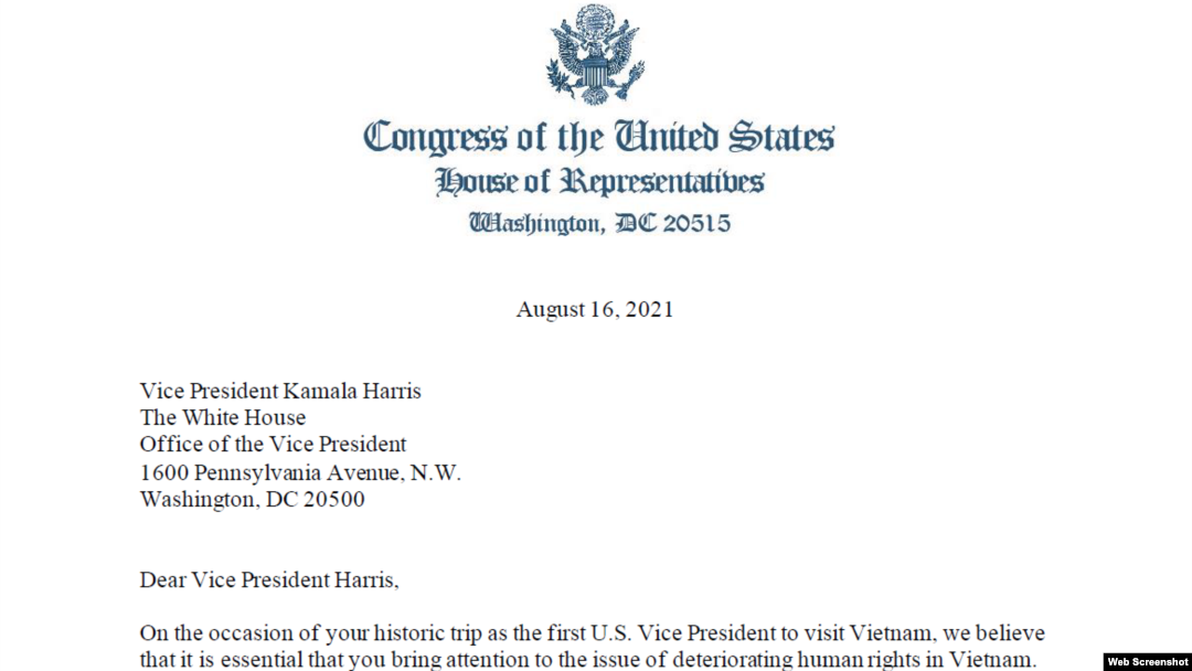 Phần đầu bức thư 9 dân biểu Hoa Kỳ gửi cho Phó Tổng thống Kamala Harris ngày 16/8/2021. Photo correa.house.gov
