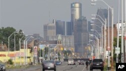 美國底特律市天際線.2013年7月18日底特律市提出破產申請。