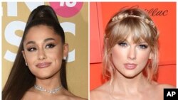 This combination photo shows singers Ariana Grande at the 13th annual Billboard Women in Music event in New York, Dec. 6, 2018, left, and Taylor Swift at the Time 100 Gala in New York, April 23, 2019.