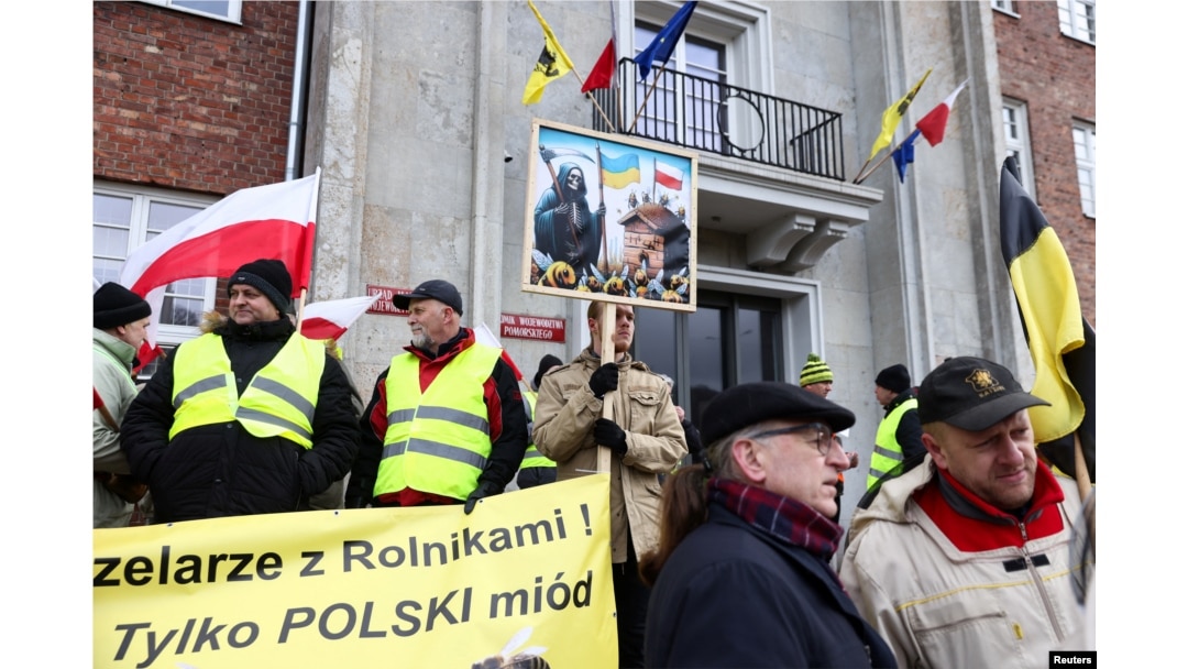 Polish farmers protest over price pressures, taxes and green regulation, grievances shared by farmers across Europe, and against the import of agricultural produce and food products from Ukraine, in Gdansk, Poland, Feb. 20, 2024.