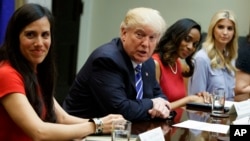 President Donald Trump speaks during a meeting with women small business owners in the Roosevelt Room of the White House, in Washington, March 27, 2017. 