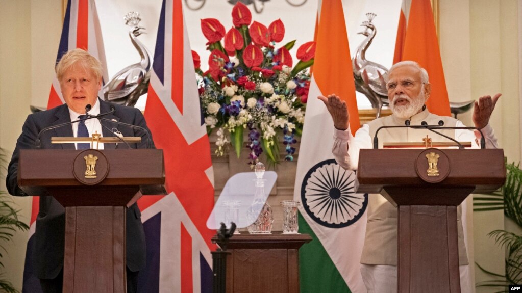 英国首相约翰逊4月22日访问印度会晤印度总理莫迪。(photo:VOA)