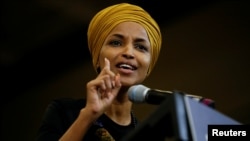 FILE: U.S. Representative and Somali immigrant Ilham Omar (D-MN) introduces Democratic 2020 U.S. presidential candidate and U.S. Senator Bernie Sanders (I-VT) at a campaign event in Nashua, New Hampshire. Taken December 13, 2019.