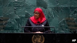 FILE - Tanzanian President Samia Hassan addresses the U.N. General Assembly at U.N. headquarters in New York, Sept. 23, 2021. On Oct. 10, 2022, Hassan and Kenyan President William Ruto met in Dar es Salaam and agreed to fast-track a pipeline designed to aid both countries. 