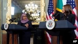 Tanzanian President Samia Suluhu Hassan meets with Vice President Kamala Harris in Harris' ceremonial office in the Eisenhower Executive Office Building on the White House campus, April 15, 2022, in Washington. 