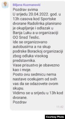 Poruka Biljane Kuzmanović, direktorice osnovne škole 'Ivo Andrić' u Đulićima kod Teslića.