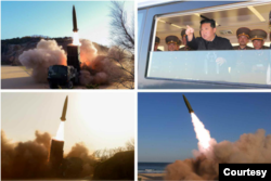 북한이 신형전술유도무기를 시험발사했다며 17일(한반도 시간) 노동신문이 공개한 사진.