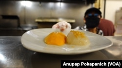 Mango sticky rice is served in Thai Ghang Waan restaurant in Springfield, Virginia