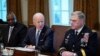 President Biden meets with Secretary of Defense Lloyd Austin, left, and Chairman of the Joint Chiefs of Staff Gen. Mark Milley, and other leaders on April 20, 2022. 