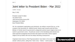 Thư chung gửi Tổng thống Joe Biden. Screenshot on April 19 2022. Photo: vnforb.org.
