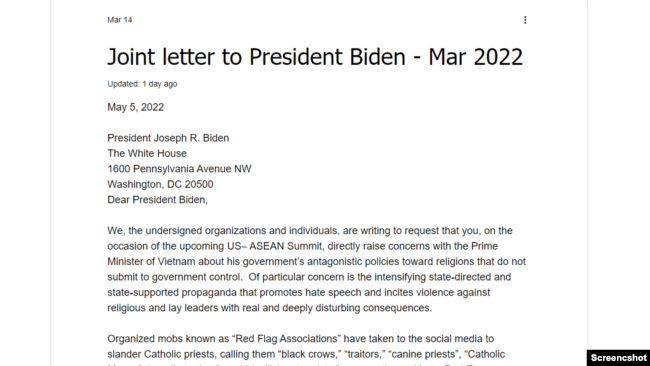 Thư chung gửi Tổng thống Joe Biden. Screenshot on April 19 2022. Photo: vnforb.org.