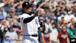 Miguel Cabrera of the Detroit Tigers walks away after striking out in the sixth inning against the New York Yankees at Comerica Park in Detroit, April 21, 2022. (Rick Osentoski/USA TODAY via AP)