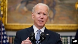 Presidente americano, Joe Biden, fala sobre a situção na Ucrânia na Casa Branca, Washington, 21 Abril 2022