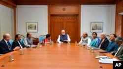 FILE - Indian Prime Minister Narendra Modi, center, leads a security Cabinet meeting in New Delhi, Feb. 26, 2019. In its latest session on Oct. 4, 2024, the group discussed implications of the Middle East conflict. (Indian prime minister’s office via AP)