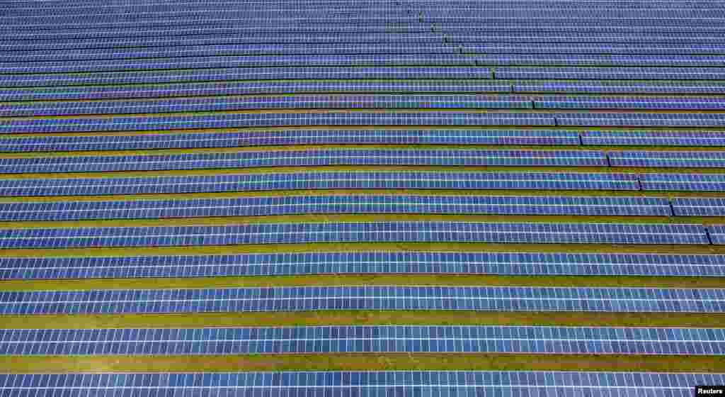 A field of solar panels is seen near Royston, Britain.