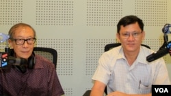 Son Soubert, leader of the Human Right Party and former member of the Constitutional Council (left) and Ny Chakrya, head of human rights organization ADHOC (right) on 'Hello VOA' to discuss tensions and solutions to Cambodia-Vietnam border issues. (Lim Sothy/VOA Khmer)