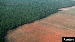FILE - The Amazon rainforest (L), bordered by deforested land prepared for the planting of soybeans, is pictured in this aerial photo taken over Mato Grosso state in western Brazil, Oct. 4, 2015.