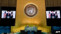 뉴욕 유엔본부에서 열리고 있는 75차 유엔총회에서 도널드 트럼프 미국 대통령이 22일 화상 기조연설을 했다.