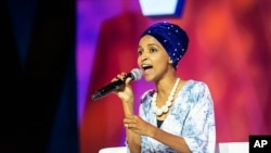 FILE - Rep. Ilhan Omar, D-Minn., speaks at the 2019 Essence Festival at the Ernest N. Morial Convention Center in New Orleans, July 6, 2019.