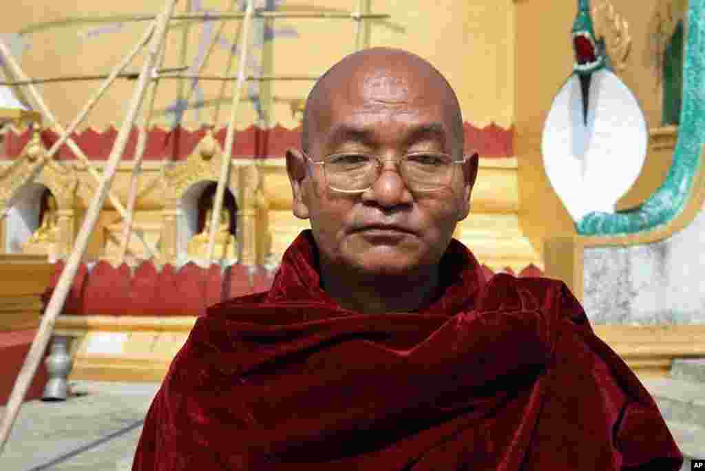 Senior Monk U Yay Wa Ra says if the hydropower dam construction resumes they will have to move and authorities would build them a new temple, Myitsone, Burma, March 31, 2012. (VOA - D. Schearf)
