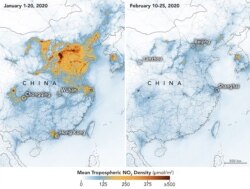 A NASA photo released on March 2, 2020, shows maps displaying nitrogen dioxide (NO2) values across China from Jan. 1-20, 2020 (before the quarantine) and Feb.10-25 (during the quarantine).