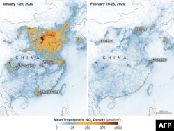 A NASA photo released on March 2, 2020, shows maps displaying nitrogen dioxide (NO2) values across China from Jan. 1-20, 2020 (before the quarantine) and Feb.10-25 (during the quarantine).