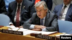 FILE - U.N. Secretary-General Antonio Guterres speaks during a meeting of the Security Council to discuss peacekeeping operations, at U.N. headquarters in New York, Sept. 20, 2017. Guterres on Sept. 25, 2018, said at a high-level meeting on peacekeeping on the sidelines of the General Assembly that peacekeepers today are "facing a more fundamental challenge — namely, the gulf between aspirations and reality." 