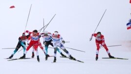 FILE - Emil Iversen of Norway, Oskar Svensson of Sweden and Gleb Retivykh of Russia in action February 21, 2019