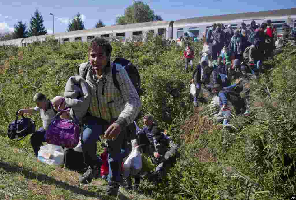 پناهجویان از قطاری که آنان را از مجارستان به کرواسی منتقل کرده پیاده می شوند. &nbsp;