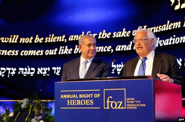Israeli Prime Minister Benjamin Netanyahu and US ambassador David Friedman attend an event marking one year since the US embassy moved to Jerusalem on May 14, 2019.
