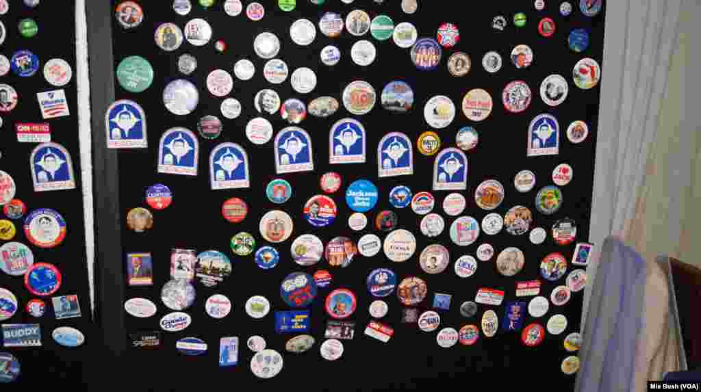 The American Political Items Collectors booth had hundreds of pins used in previous presidential campaigns, at the Pennsyvania Convention Center, in Philadelphia, July 26, 2016.