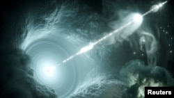 En esta ilustración artística, un agujero negro envía un rayo de materia al espacio. Imagen provista el 12 de julio de 2018 por Science Communication Lab en Kiel, Alemania.
