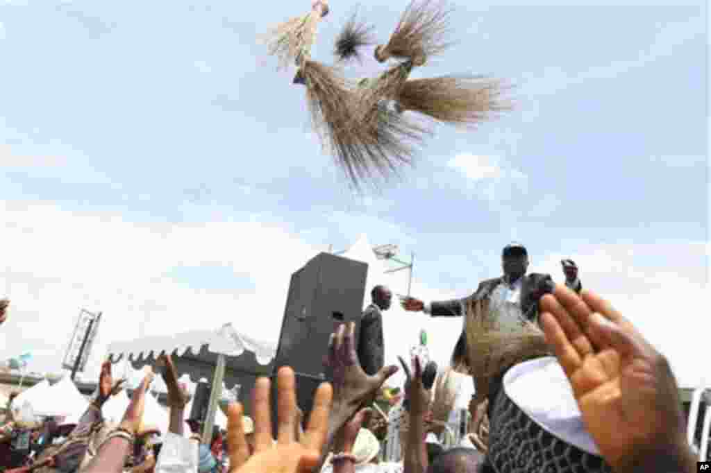 A man throws palm-frond brooms, a symbol of the new All Progressive Congress party, at a rally in Lagos, Nigeria, on Thursday, April 18, 2013.