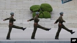 North Korean army soldiers march during a visit by Australian Defense Minister Marise Payne and Foreign Minister Julie Bishop to the border village of Panmunjom in Paju, South Korea, Oct. 12, 2017.